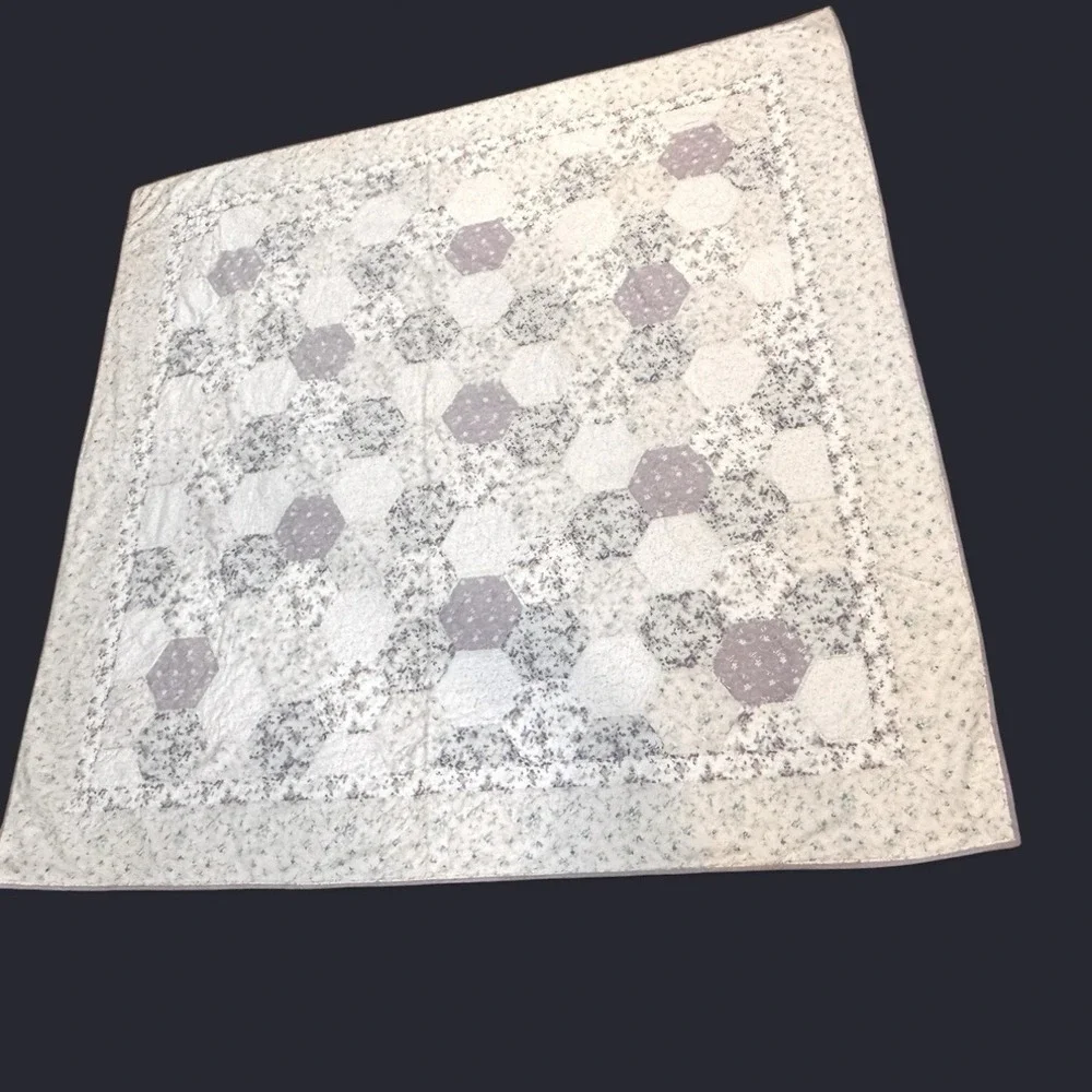 Shabby Chic Handmade Quilt Hexagon Pastel Cotton Lace Patch Hearts 86x85 Cottage